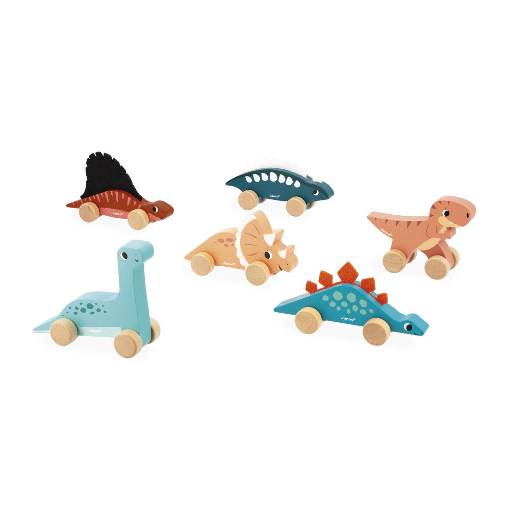 Janod Push Along Dino set of five wooden pull-along dinosaurs in blue, teal, orange and brown
