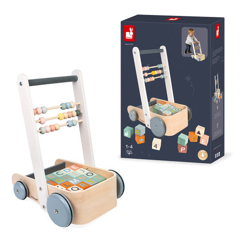 JANOD Push Cart with ABC Blocks, wooden wheeled toddler toy with pastel bead abacus