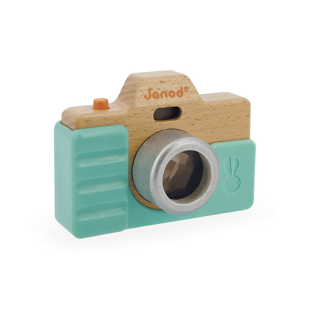 Janod Sound Camera New Aqua wooden toy camera with mint-green panels and silver lens