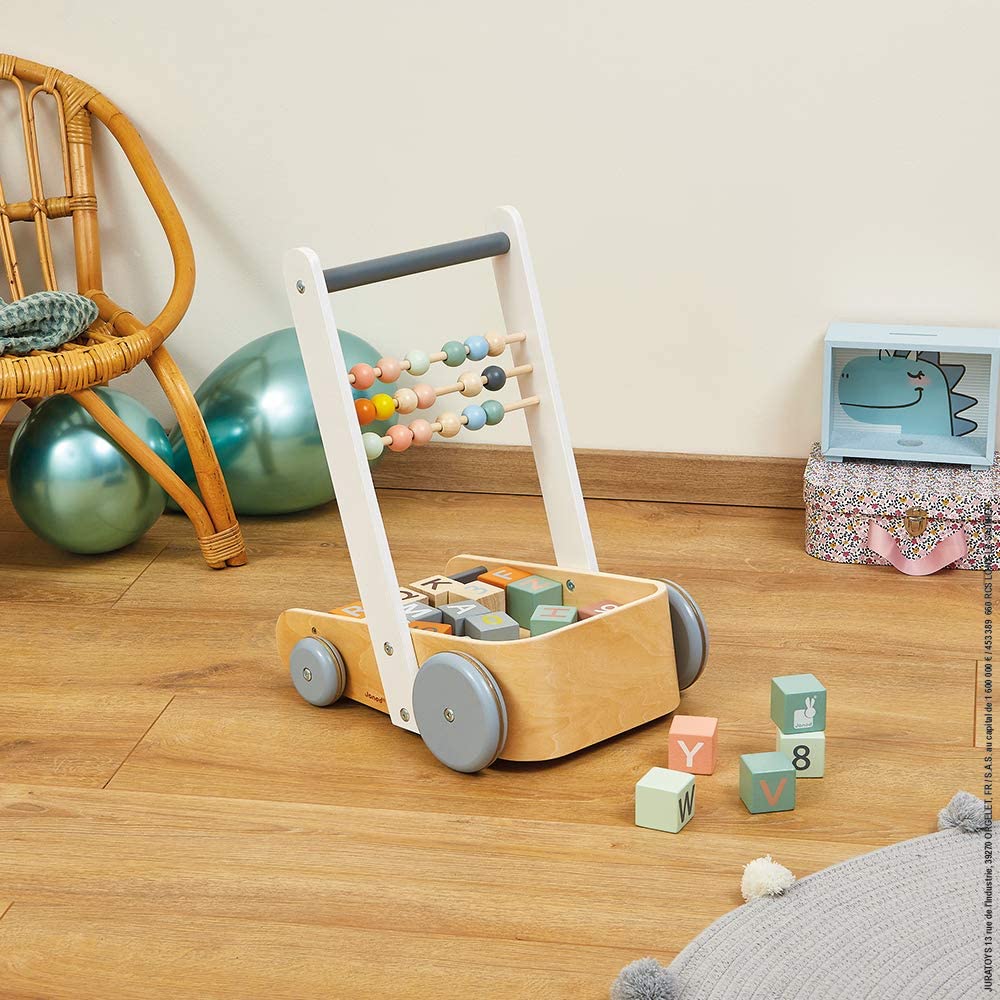 JANOD Sweet Cocoon Cart with ABC Blocks, wooden toddler push cart with pastel alphabet blocks and bead abacus
