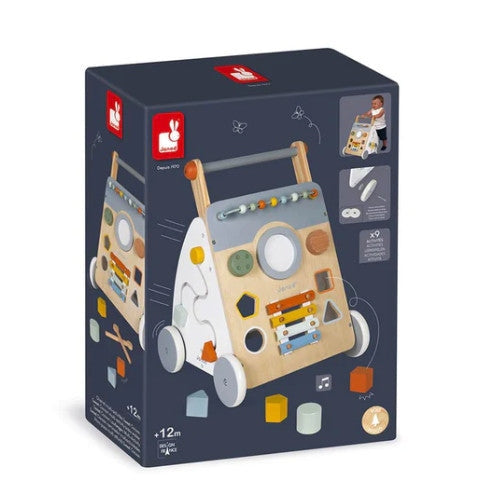 Janod Sweet Cocoon multi-activity baby walker; wooden toy with colorful beads and wheels