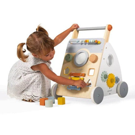 JANOD Sweet Cocoon multi-activity baby walker with natural wood finish, wooden gears and blocks