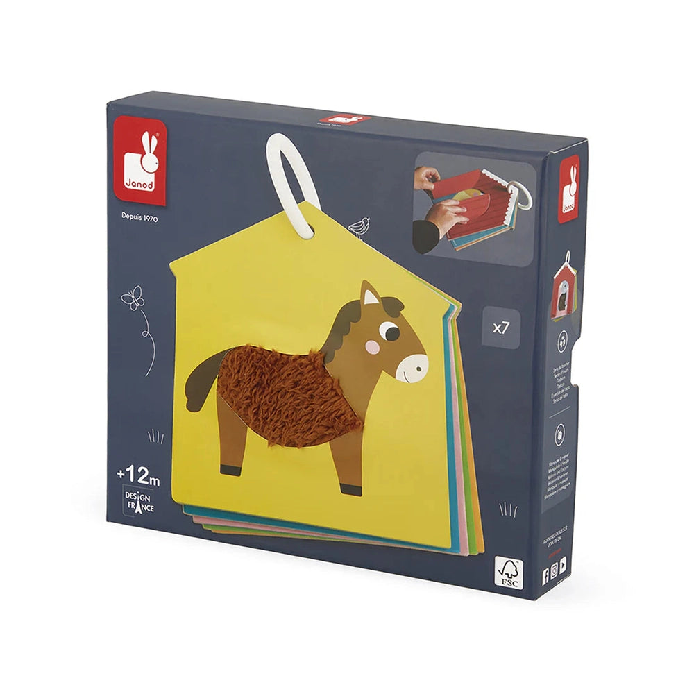 JANOD Tactile Cards Set: blue box featuring a yellow horse card with brown fuzzy texture for tactile learning