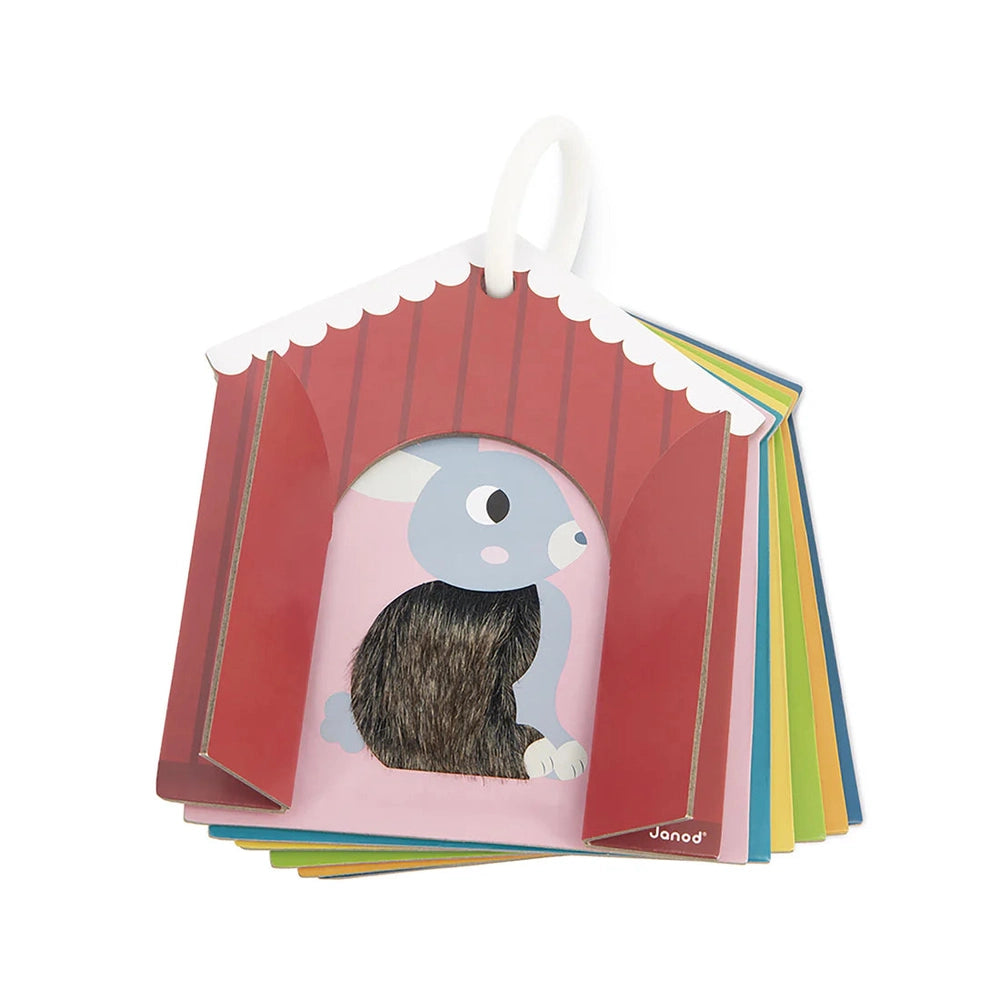 Janod Tactile Cards Set: colorful textured flash cards, front card features a pink bunny with fur texture.