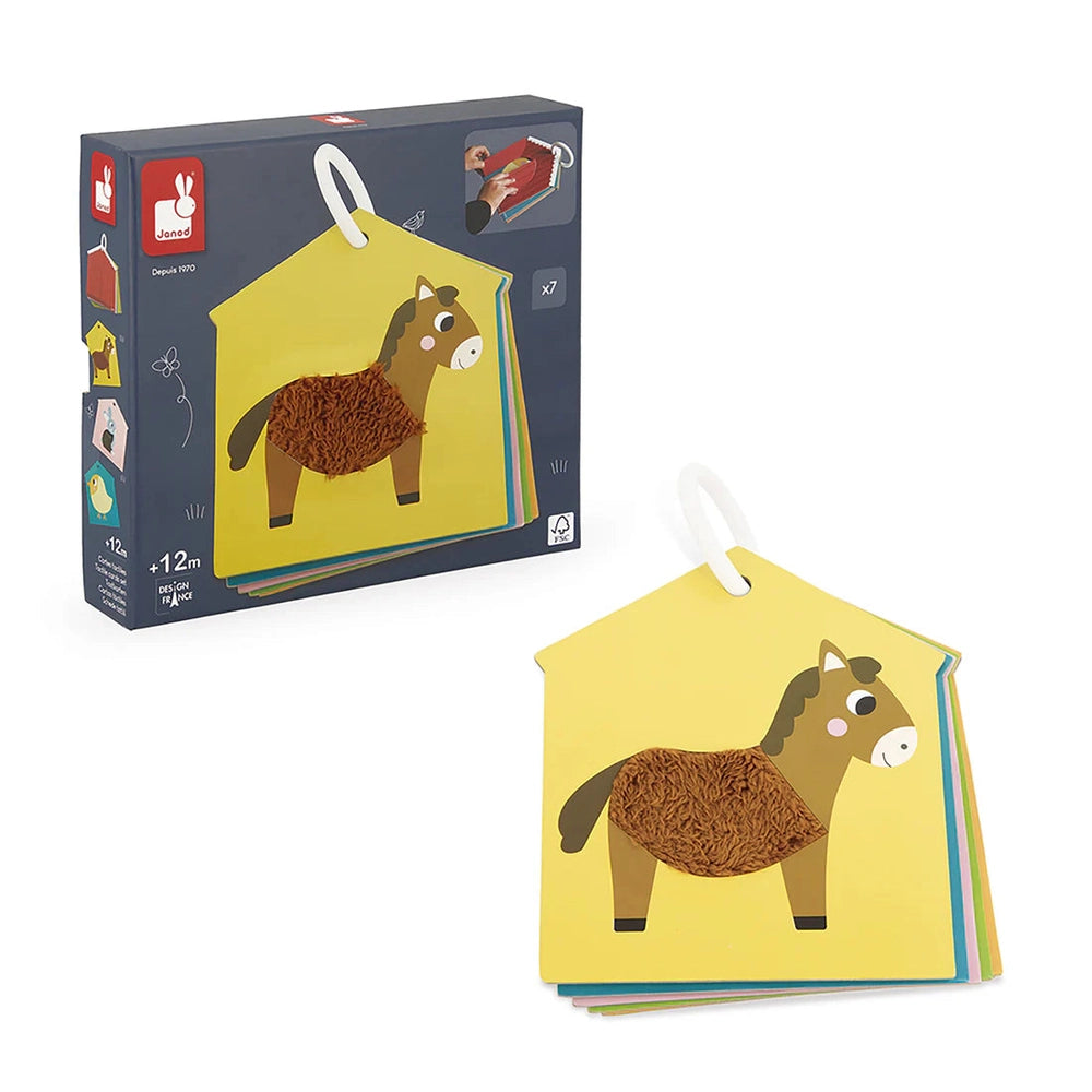 JANOD Tactile Cards Set: yellow horse cards with textured brown patch, stacked on a white ring for easy handling