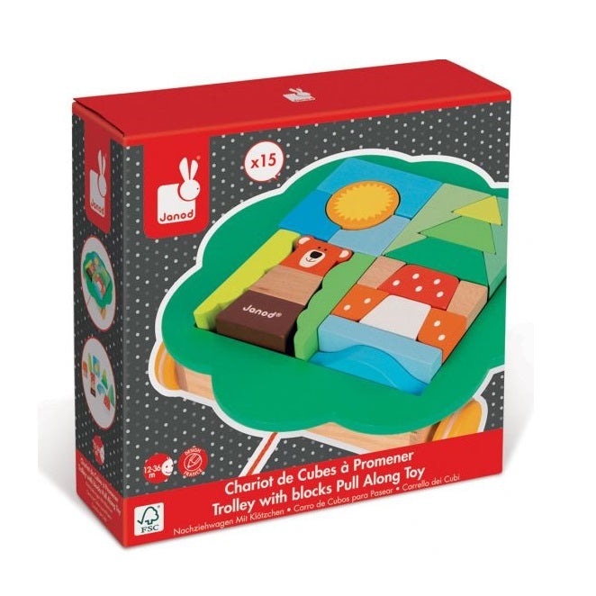 Janod Zigolo Pull Along Trolley with 15 colorful wooden blocks arranged on a green tray