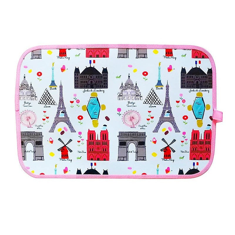 Jaq Jaq Bird Chalk Eating Mat Dino, pink trim, Paris landmark print pattern