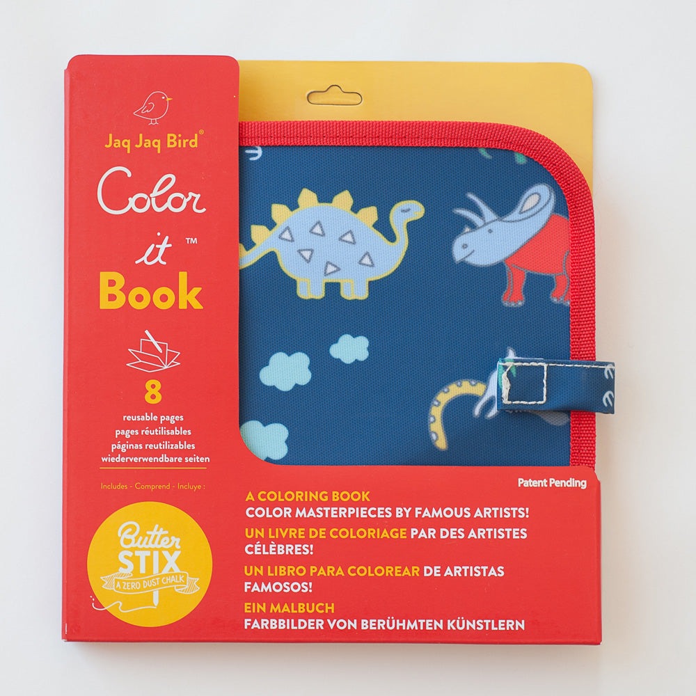 Jaq Jaq Bird Colour It Book with blue dinosaur cover, 8 reusable pages, strapped shut with a blue fastener.