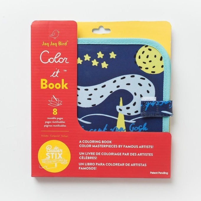 Jaq Jaq Bird Colour Book, blue art cover with turquoise strap closed, 8 reusable pages in red packaging.