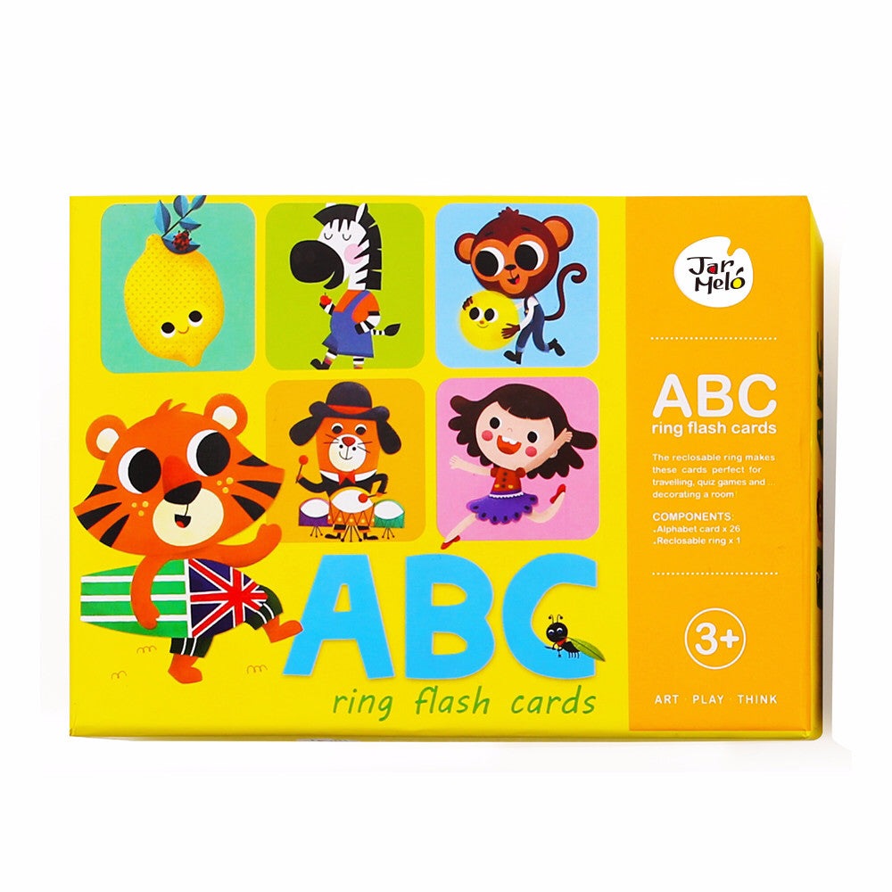 Jar Melo ABC ring flash cards for toddlers in a bright yellow box with colorful cartoon animals
