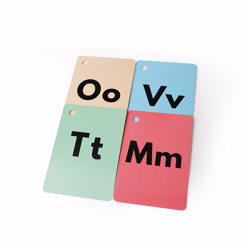 Jar Melo ABC Ring Flash Cards, set of four pastel color cards showing Oo, Vv, Tt, Mm