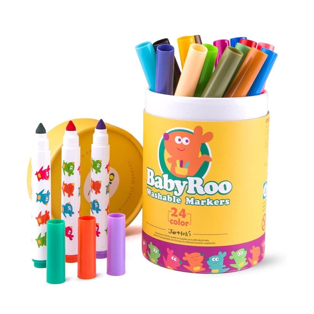 Jar Melo Baby Roo washable markers, 24 colors, in a bright yellow tin with colorful caps and playful logo.