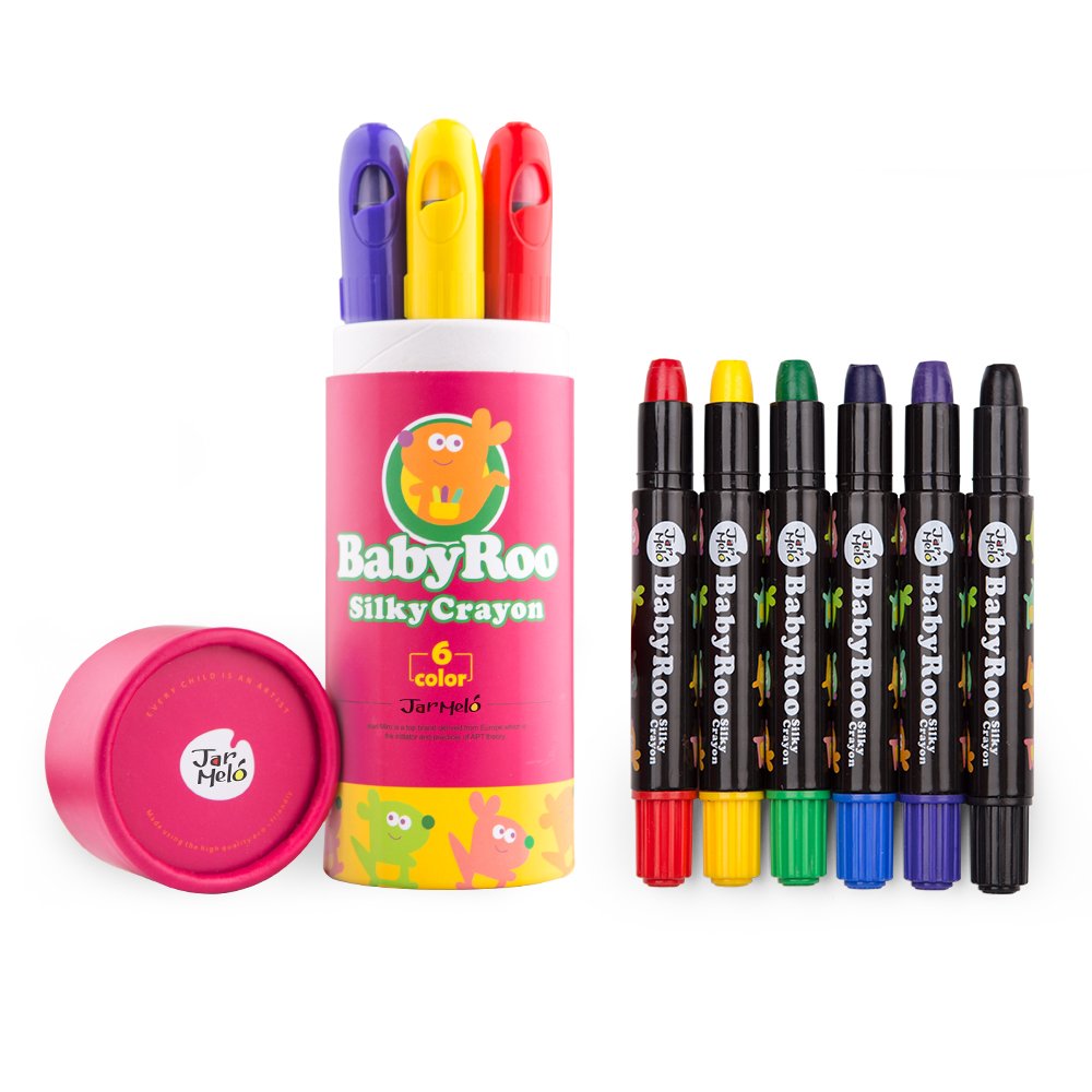 Crayons set: Jar Melo Baby Roo washable silky crayons in pink jar, 6 non-toxic colors for kids