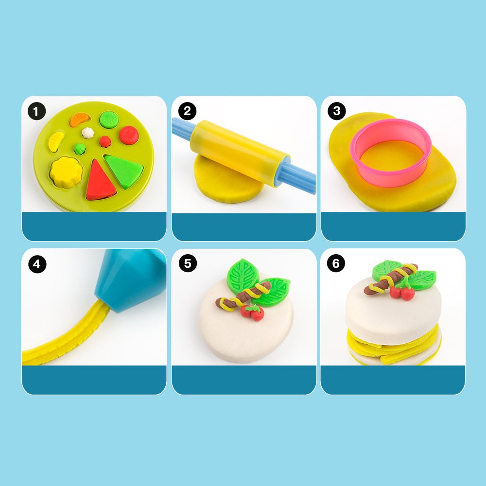 Jar Melo Birthday Cake Playdough Bakery Kit; 6-piece set with colorful dough, rolling pin, and cake molds.