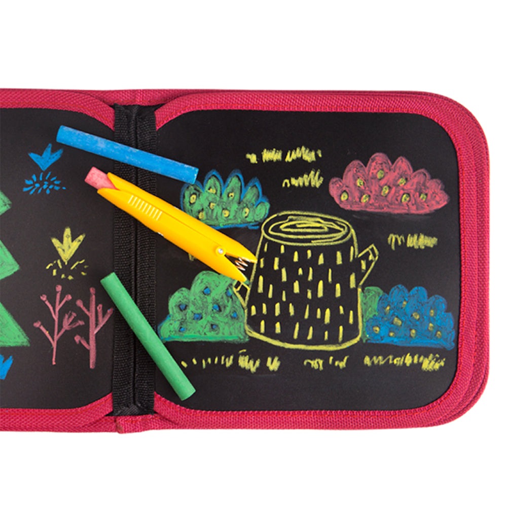 Jar Melo Chalk-A-Doodle Book Happy Kindergarten with pink zip case and multicolor chalks on a black drawing board