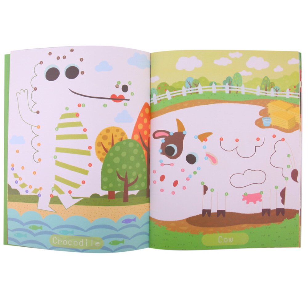 Jar Melo dot-to-dot drawing book with adorable animals: crocodile and cow on pastel pages