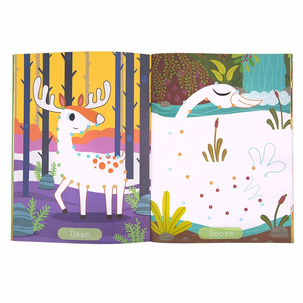 Jar Melo Dot-To-Dot Drawing Book; two animals deer and goose in a colorful forest and pond scene