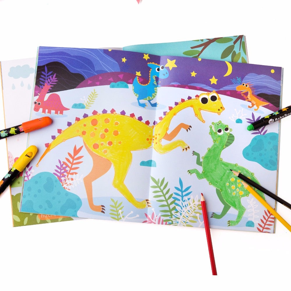Jar Melo Dot-To-Dot Drawing Book showing bright yellow and green dinosaurs with colored markers
