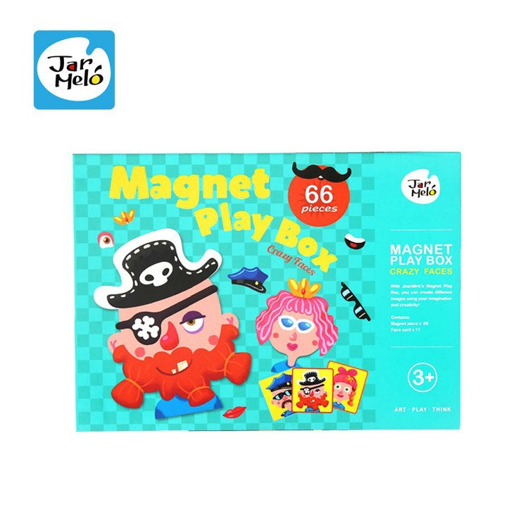 Jar Melo Magnet Play Box Crazy Faces set with 66 magnetic characters in turquoise box for ages 3+