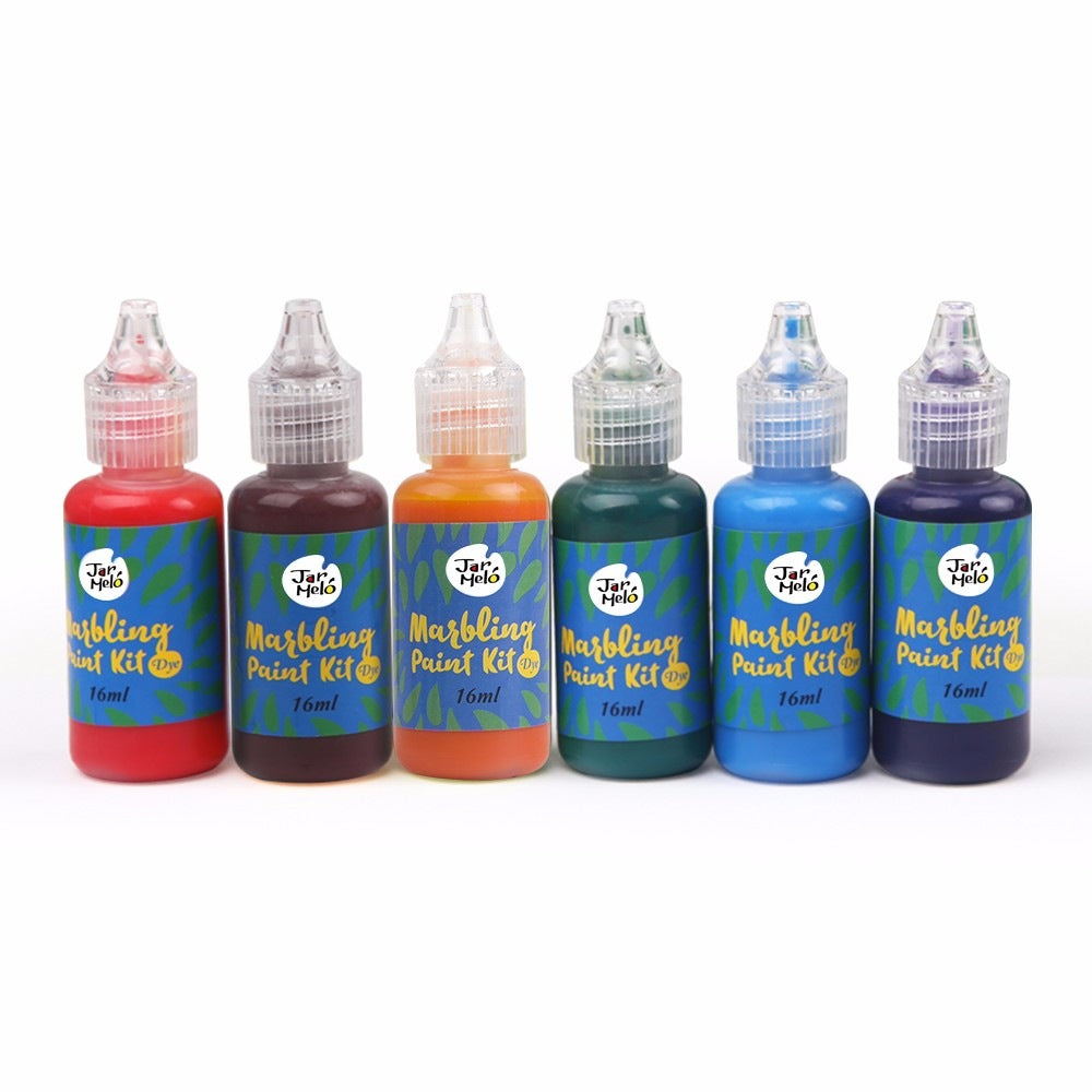 Jar Melo Marbling Paint Kit set of 6 bottles in red, brown, orange, green, blue and purple.