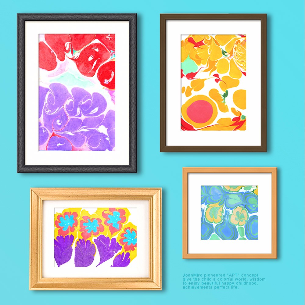 Jar Melo marbling paint kit; four framed marbling artworks in bold red, purple, yellow and blue, brand JAR MELO