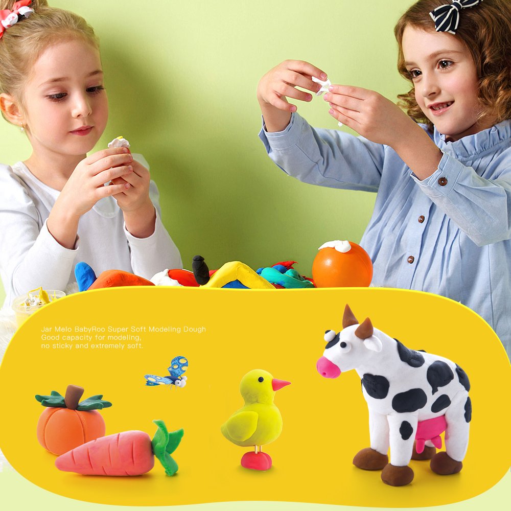 Jar Melo 24 Colors modeling dough set with cow figurine and colorful shapes; two kids playing