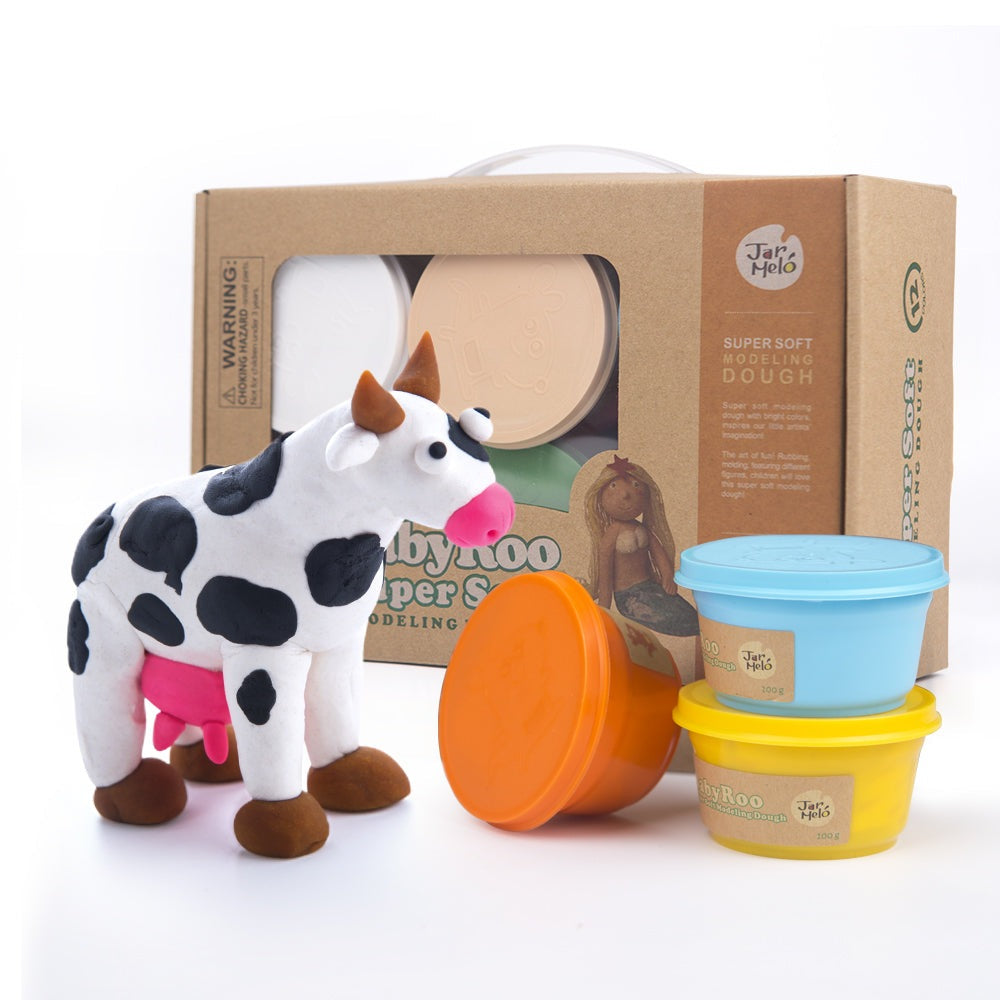 Jar Melo modeling playdough 12-color set with blue and yellow tubs and a plush cow toy