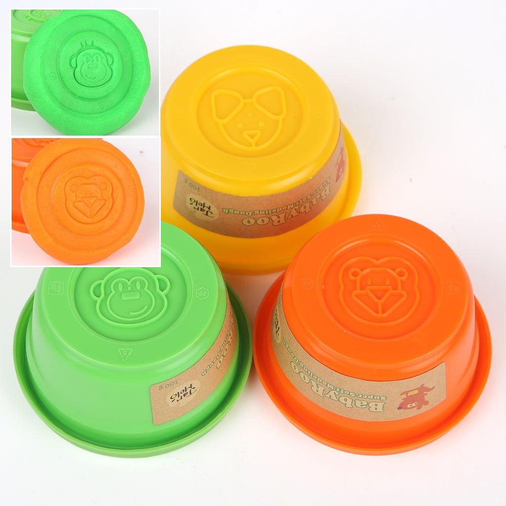 Jar Melo modeling playdough set with four colored jars (green, yellow, orange, red) from a 12-color kit