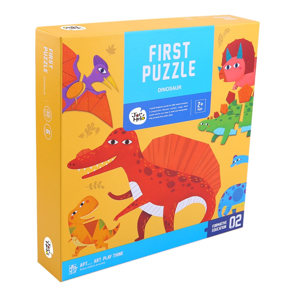 Jar Melo My First Puzzle Set Dinosaur for toddlers in a bright yellow box with colorful dinosaur illustrations
