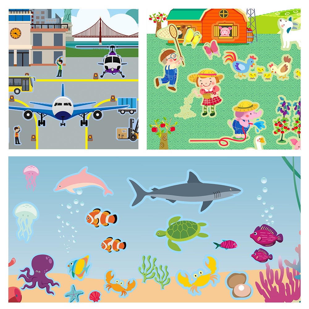 Jar Melo reusable sticker pad City Park with 5 scenes and 145+ stickers featuring airport, farm, and ocean life