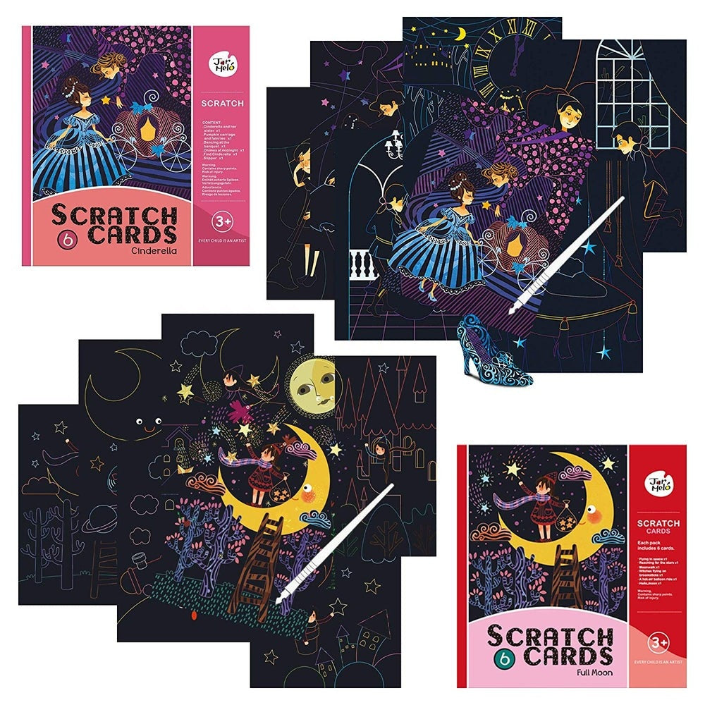 Jar Melo Full Moon Scratch Cards — 6 dark navy illustration cards for kids, art activity