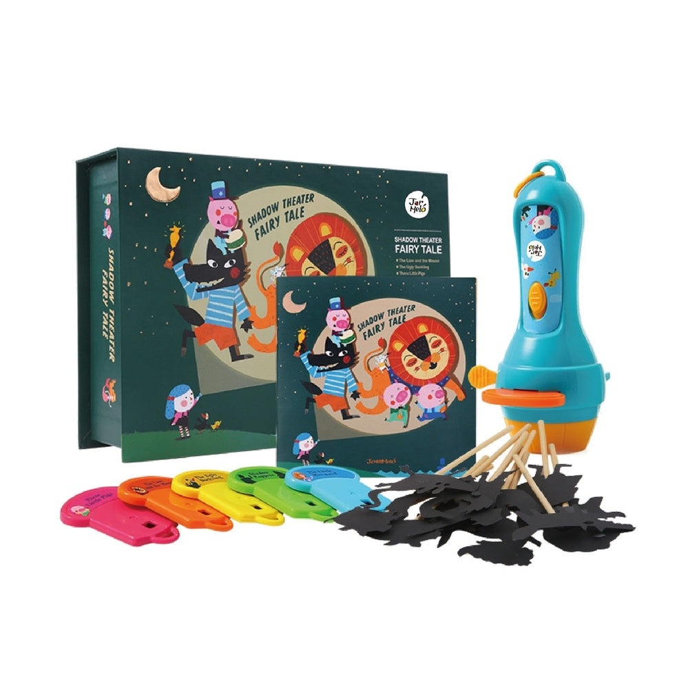 Jar Melo Shadow Theater Fairy Tale kit with colorful shadow puppets, sticks, and illustrated backdrops