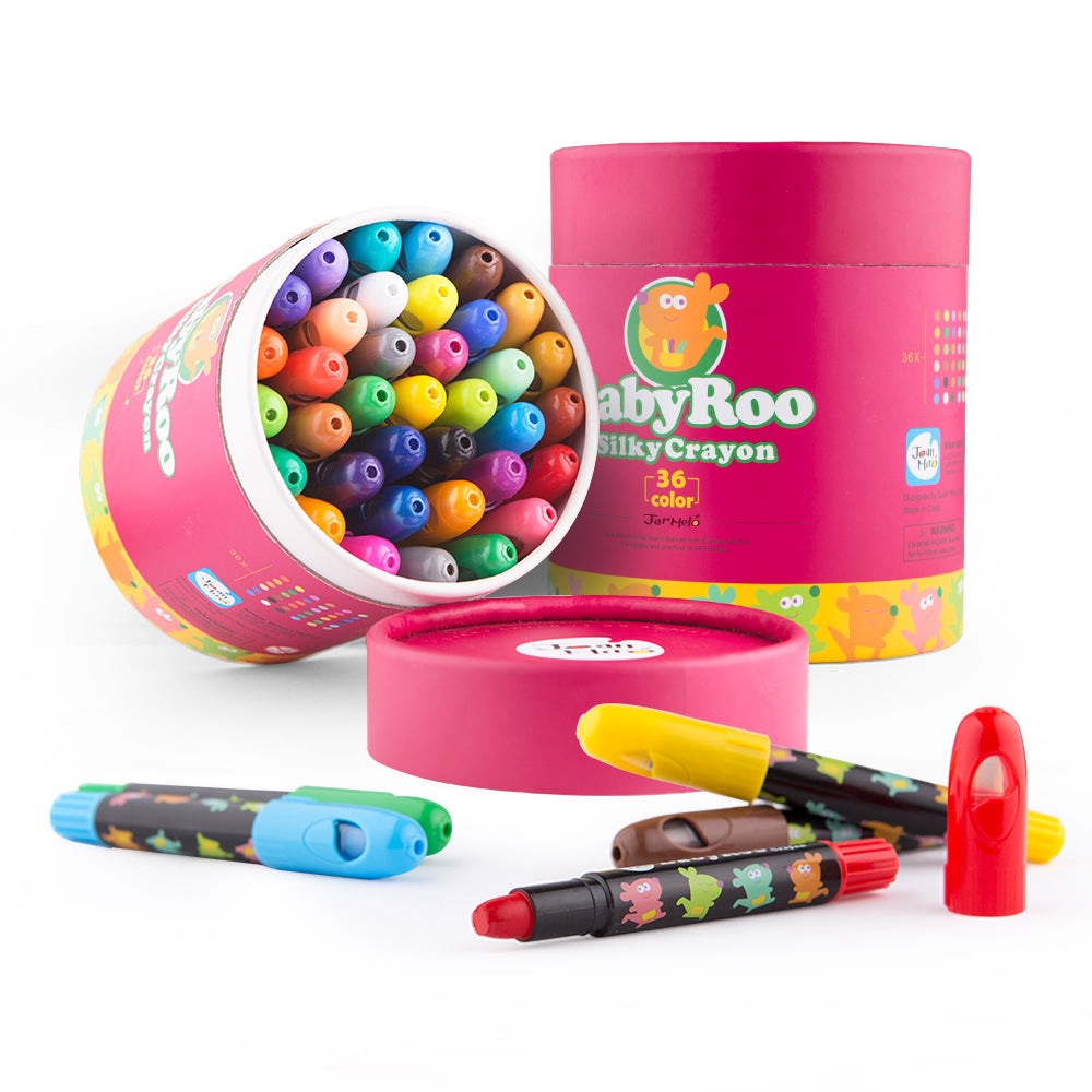 Jar Melo Silky Washable Crayons, 36-color set in a pink tin with colorful caps