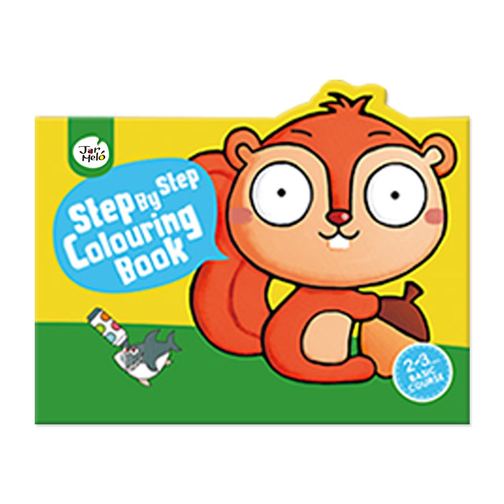 Jar Melo Step By Step Coloring Book Basic Course for toddlers, yellow and green cover with cartoon chipmunk