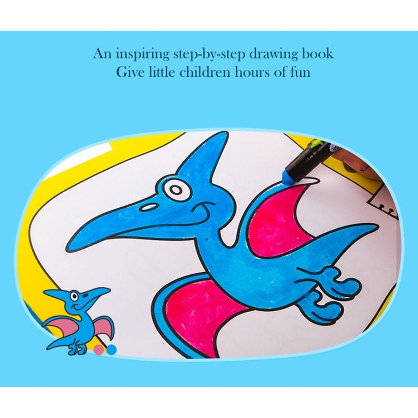 Jar Melo Step By Step Coloring Book Basic Course for toddlers; blue dinosaur coloring page with markers (two dinos shown)