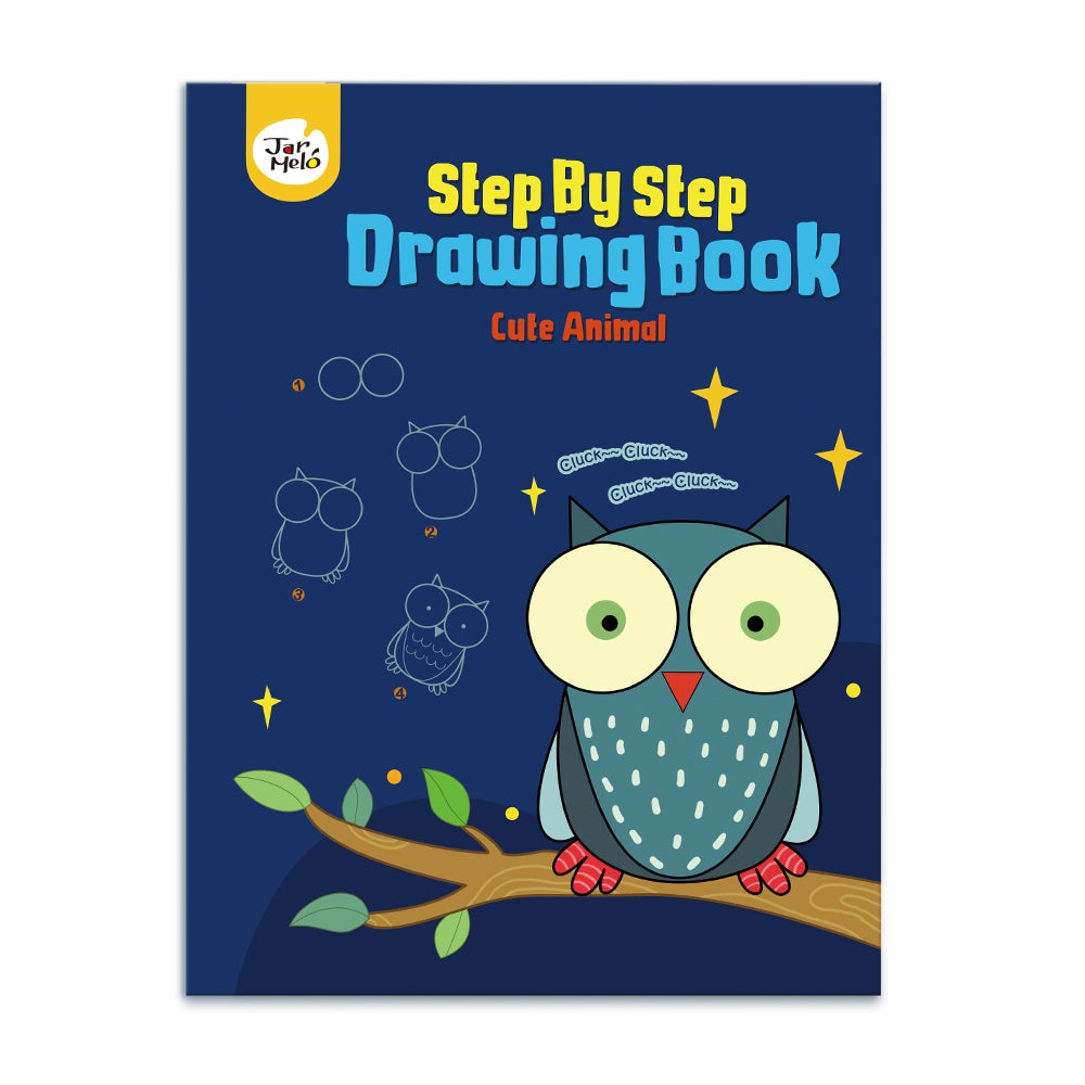 Jar Melo Step By Step Drawing Book Cute Animals cover with a wide-eyed blue owl on a branch