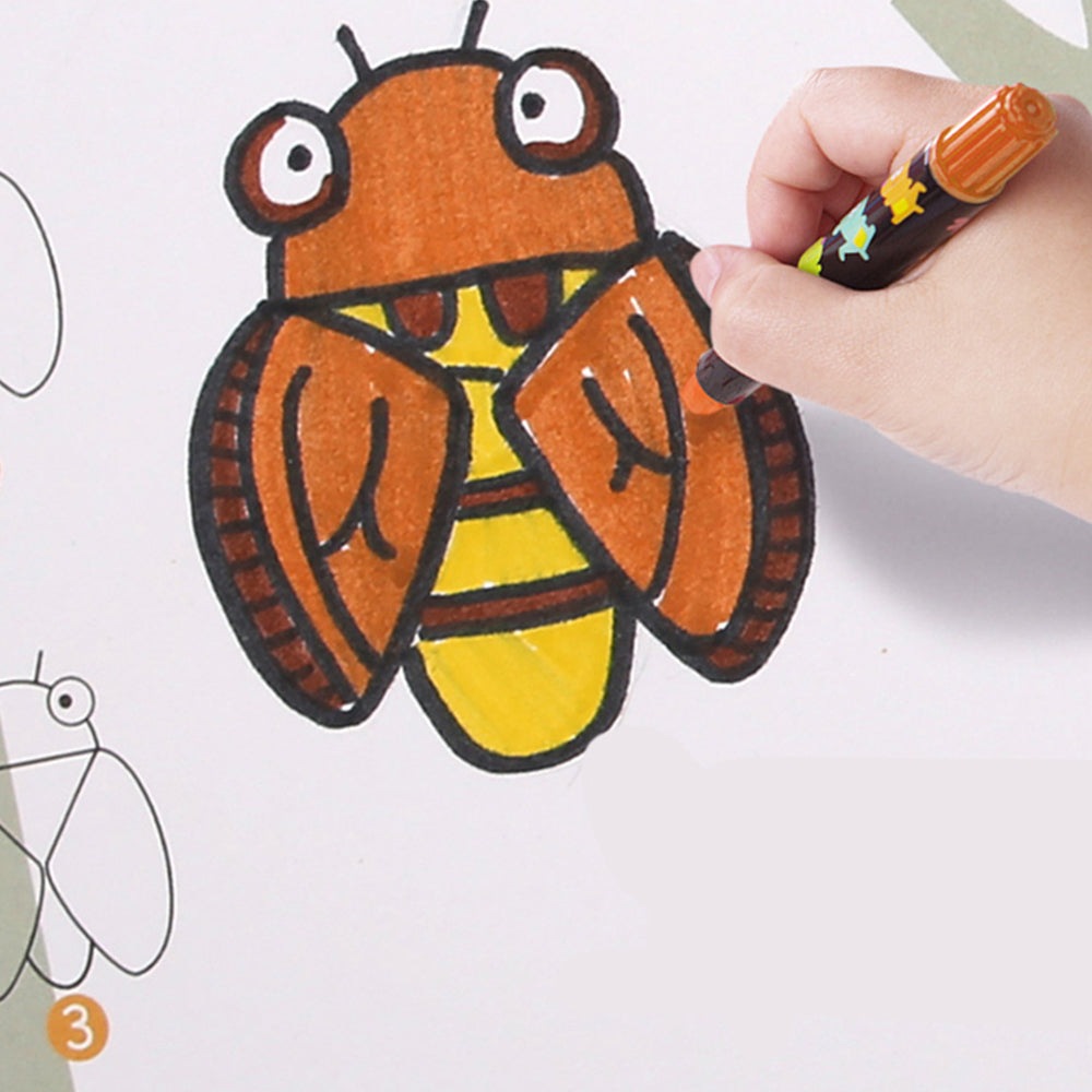 Jar Melo step-by-step drawing page featuring an orange and yellow bee being colored with a marker