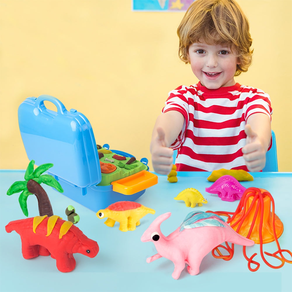 Jar Melo Super Soft Modeling Dough Kit with blue dinosaur storage case and colorful dinosaur figures