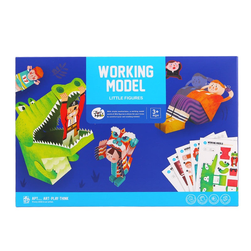 Jar Melo Working Models Little Figures toy set in blue packaging with colorful paper craft figures and instruction sheets