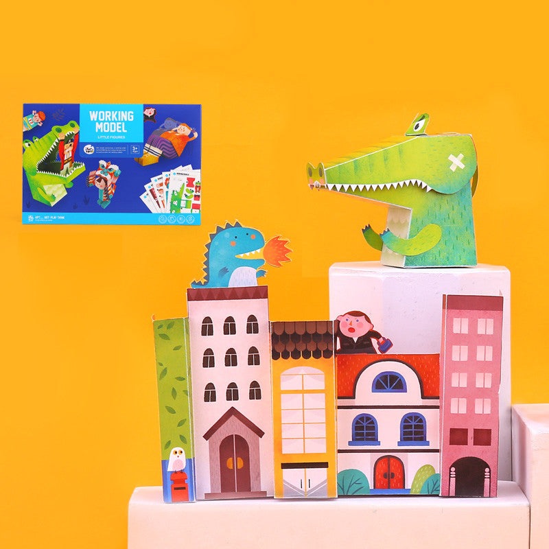 Jar Melo Working Models Little Figures toy set featuring colorful city buildings and a green crocodile on a bright yellow background