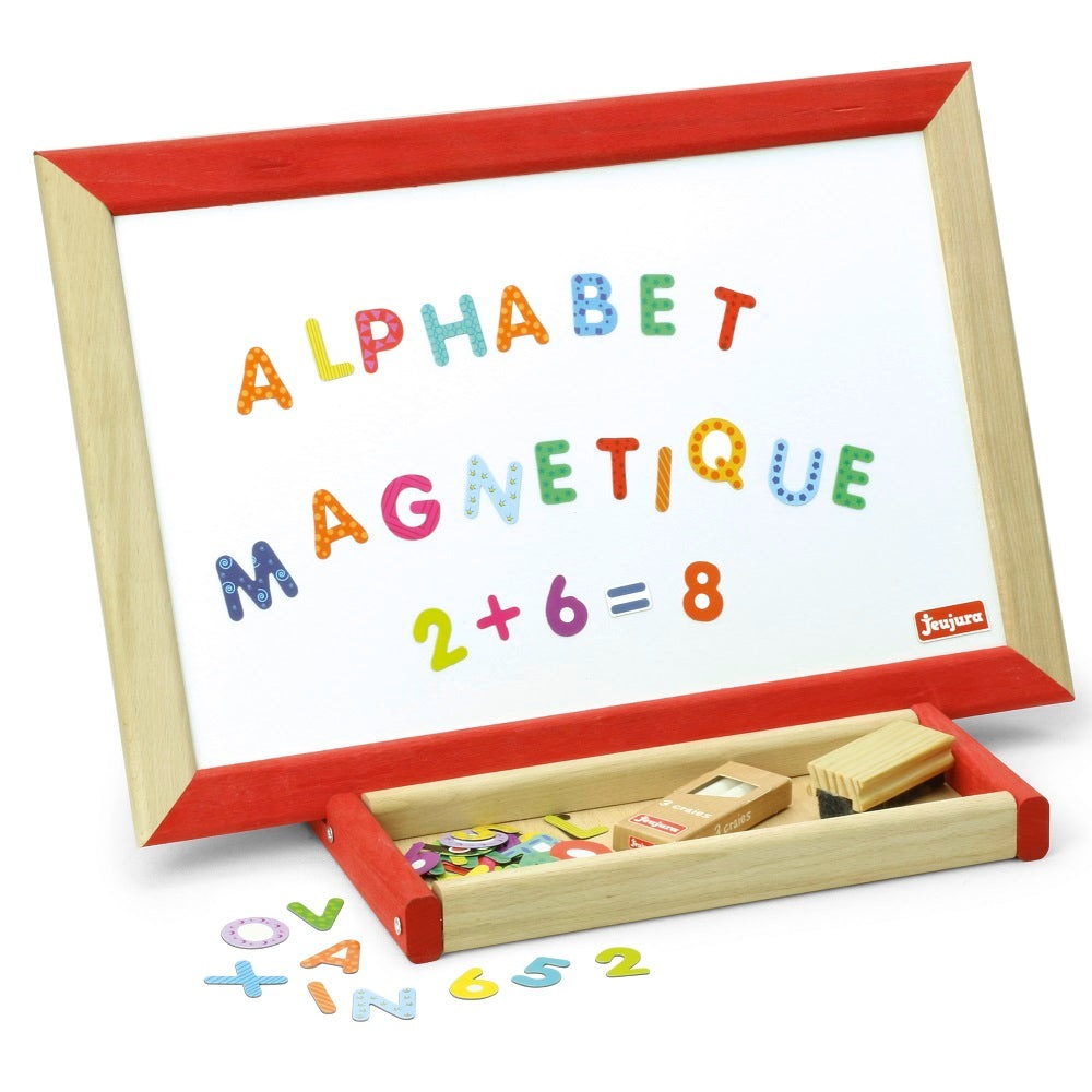 Jeujura 2-sided blackboard easel with red frame and colorful magnetic letters