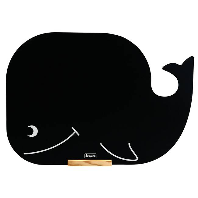 Jeujura wooden blackboard whale with white chalk line art and a natural wood stand