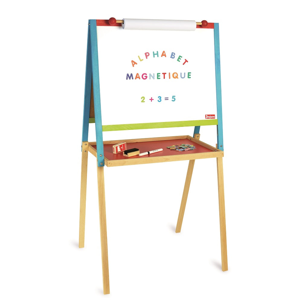 Jeujura wooden reversible multipurpose board easel with whiteboard surface, blue frame, red tray