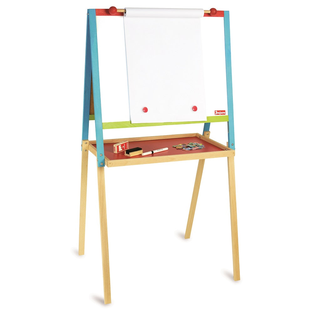 Jeujura wooden reversible multipurpose board easel in blue frame with white paper