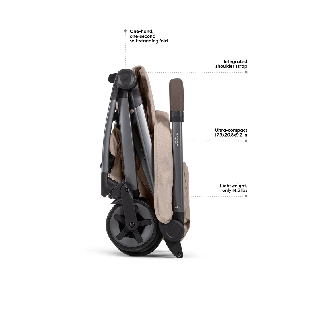 Joolz Aer² Lightweight Stroller - folded stroller feature callouts