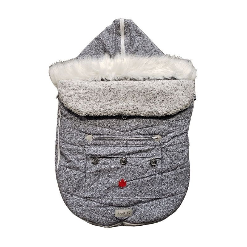 Juddlies infant car seat and stroller bag in salt-and-pepper grey with plush faux fur lining