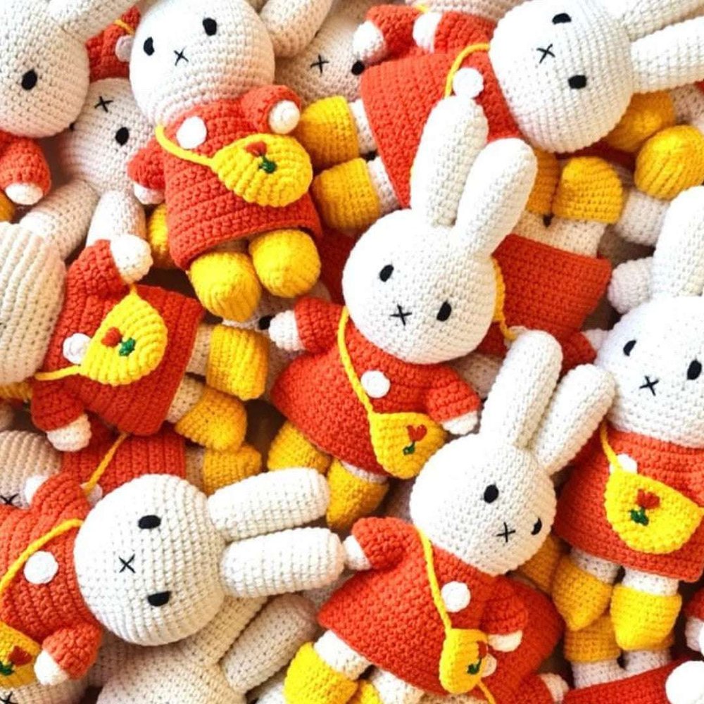 Just Dutch Miffy crochet plush rabbits in red dresses with yellow tulip bags, set of stuffed toys