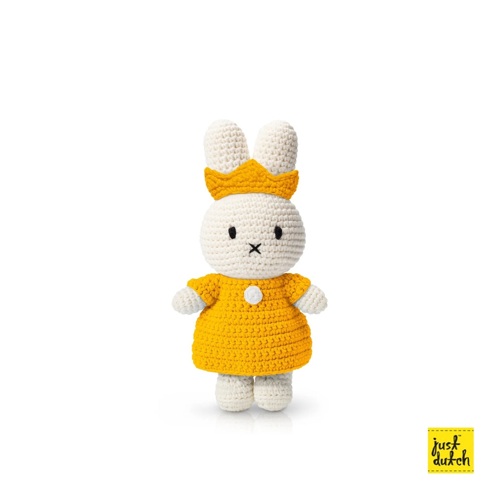 Just Dutch Miffy bunny amigurumi plush wearing a bright orange dress and crown