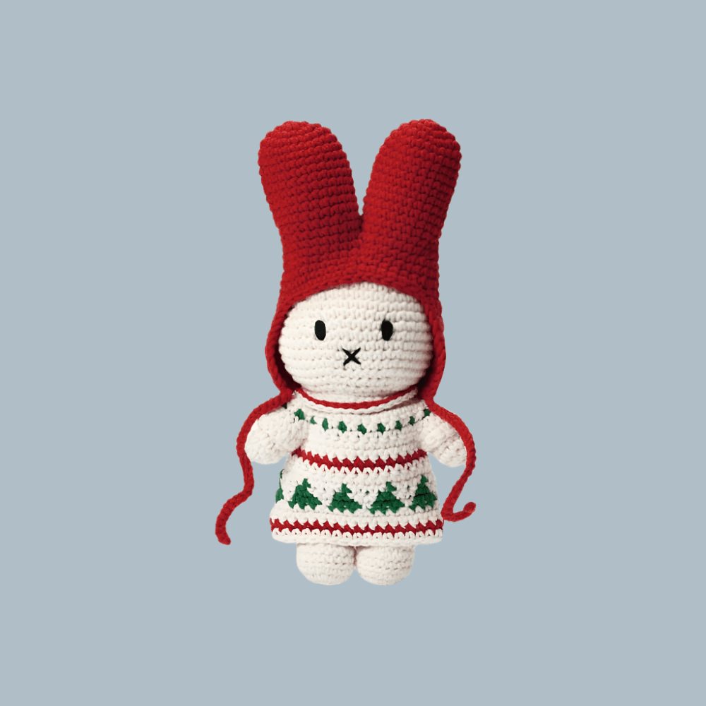 Just Dutch Miffy crochet plush toy in red hat and white Christmas sweater with green trees