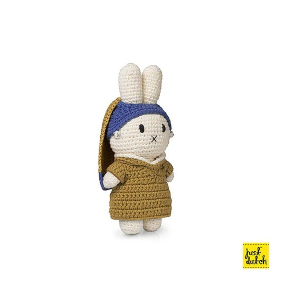 Just Dutch Miffy plush in a mustard dress with blue headband, standing upright as an art-inspired stuffed bunny.